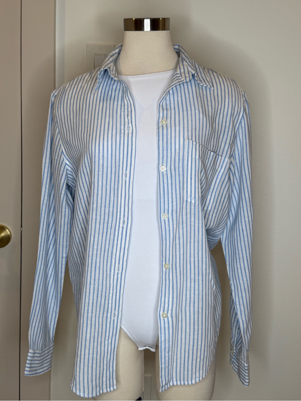 Linen Classic Blue and White Striped Button-Up Shirt